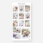 Postage stamp-style sticker sheet with blackberries, florals, vintage cottage scenes, and soft summer moments – July Sheet I by Simple Paper
