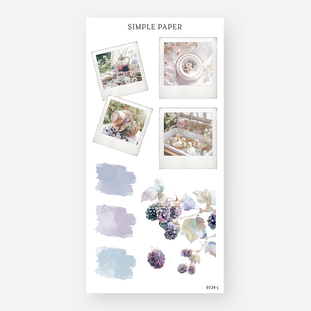 Polaroid-style cottagecore stickers with berries, ducks, teacups, and color swatches – July Sheet J by Simple Paper