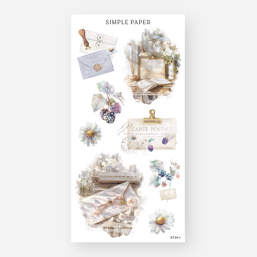 Vintage stationery-themed sticker sheet with envelopes, writing desk scenes, postage, and blackberry accents – July Sheet L by Simple Paper