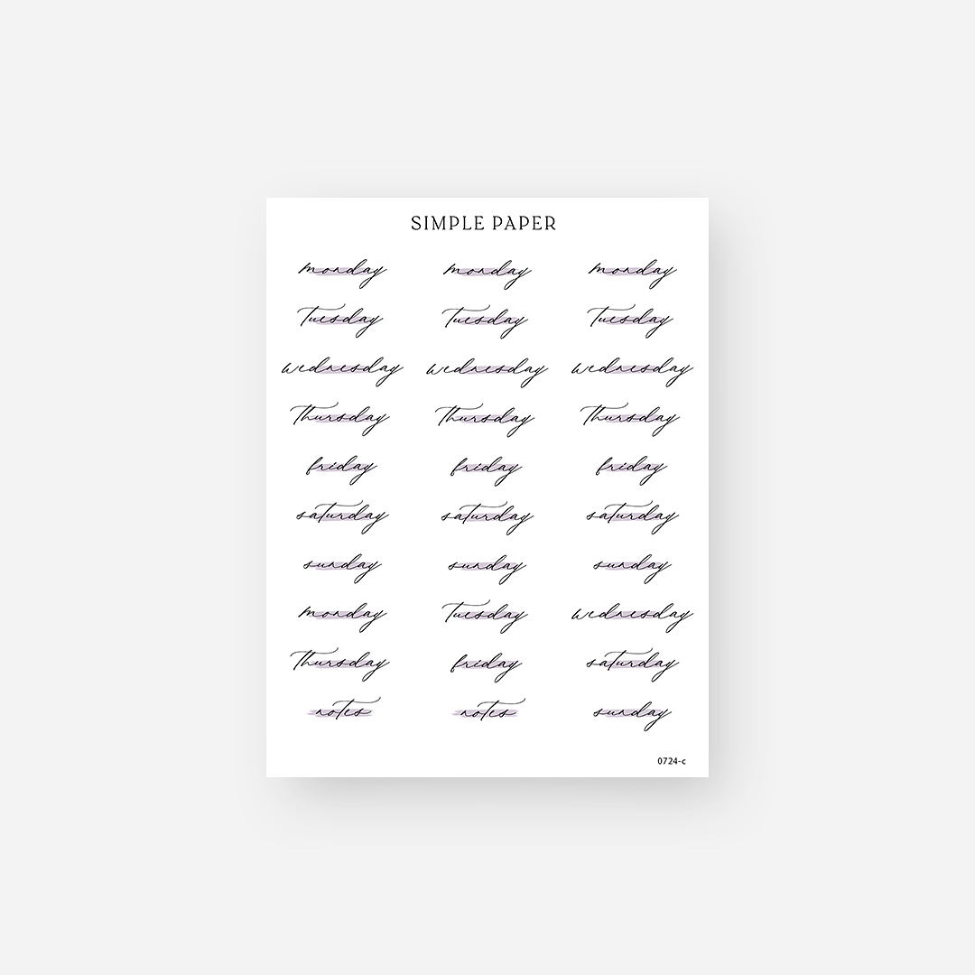 July 24 – Sheet C | Weekday Script Stickers for Journals – Simple Paper