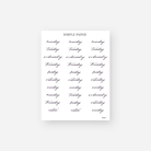 Minimal weekday script stickers in soft black calligraphy – Monday through Sunday with notes – July Sheet C by Simple Paper
