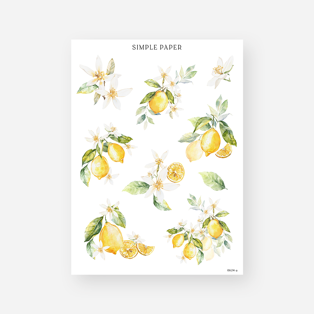 Lemon branch and blossom stickers in soft watercolor style
