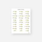 Weekday header stickers in cursive with lemon-yellow accents
