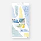 Torn collage strips in lemon yellow, coastal blue, and soft sea textures

