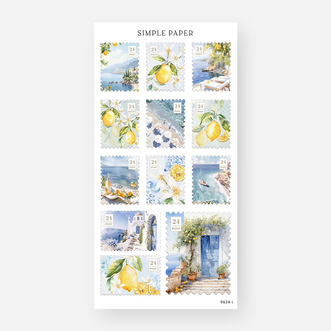 Miniature postage-style stickers with lemons, beaches, and coastal scenes
