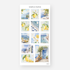Miniature postage-style stickers with lemons, beaches, and coastal scenes
