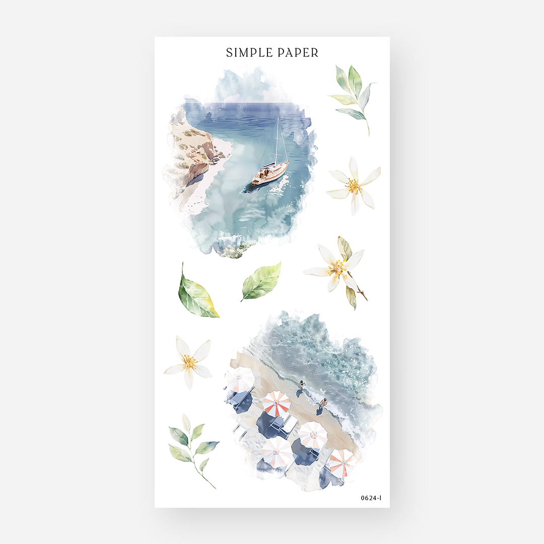 Sailboat and beach scene stickers with coastal water and floral accents
