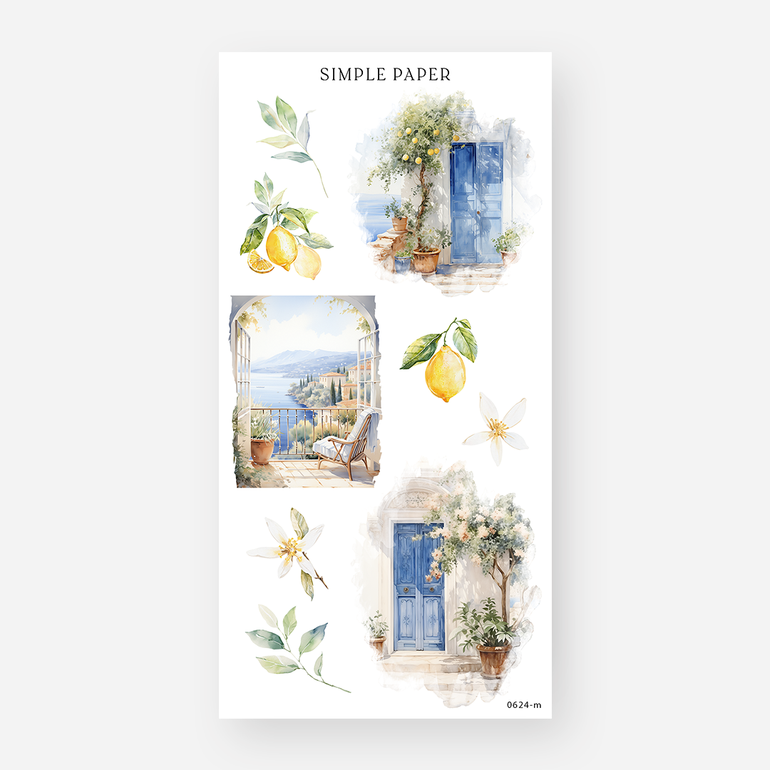 Mediterranean lemon tree and blue door stickers with garden courtyard views
