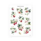 Strawberry botanical sticker sheet featuring red and white berries, green foliage, and delicate white blossoms on individual stems and sprigs
