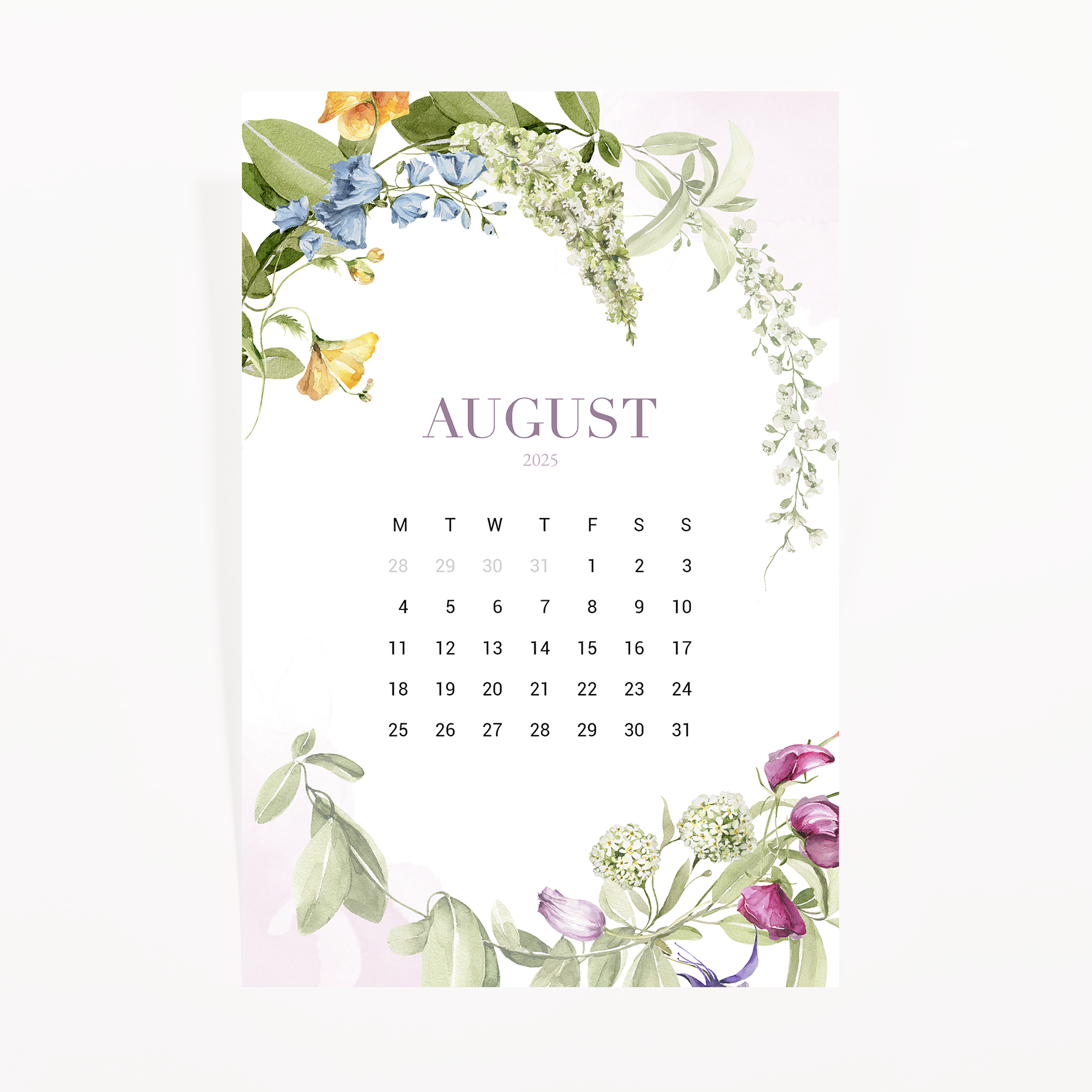 Letters From Tuscany – August 2025 mini calendar with watercolor florals in soft summer tones
