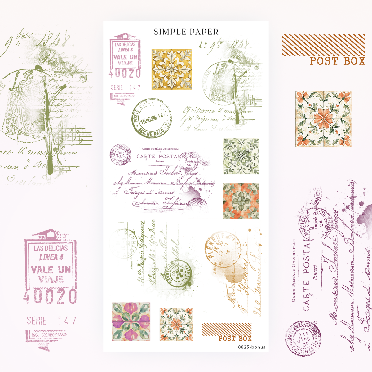 Letters From Tuscany – Bonus sheet of textured stamps, ephemera, and handwritten layers