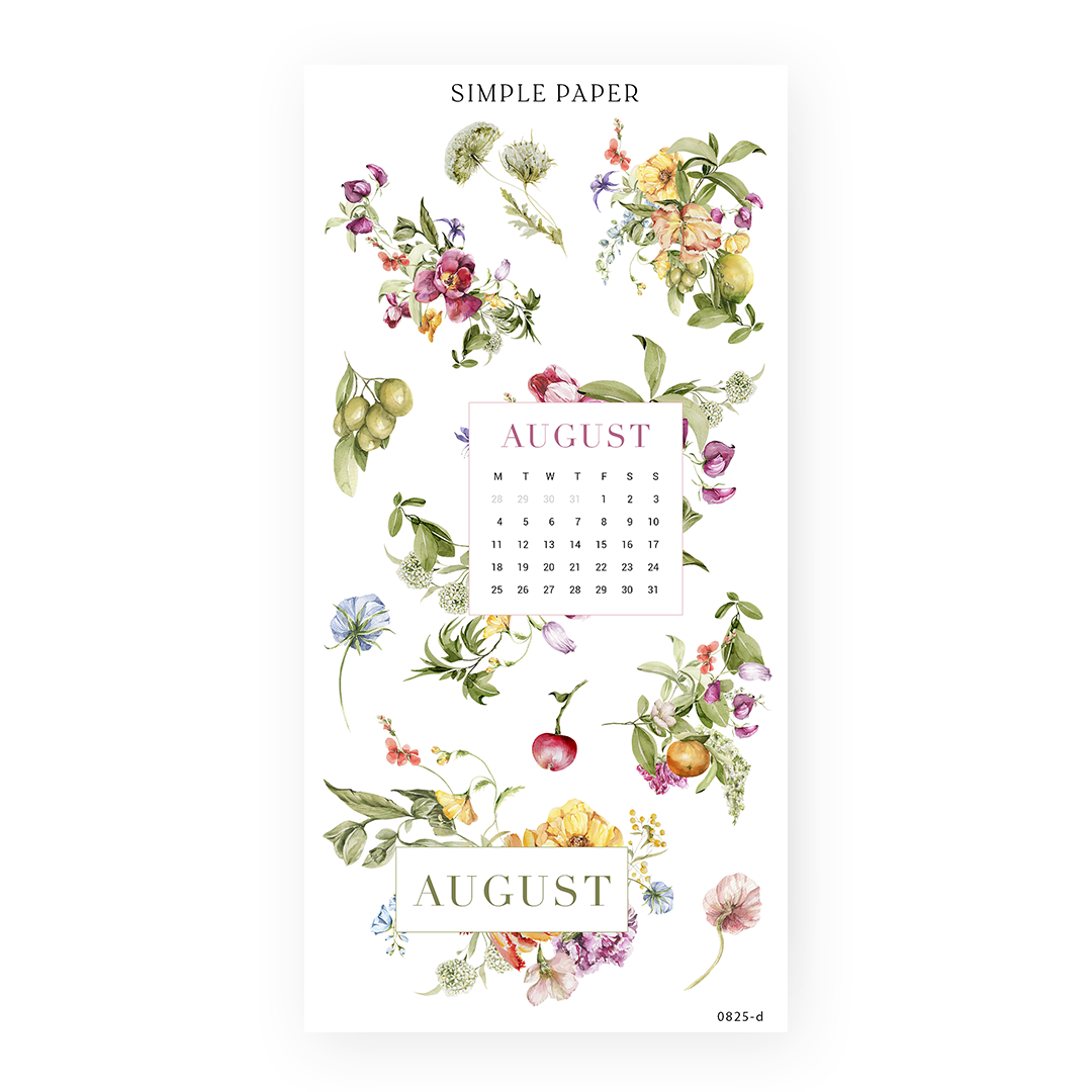 Letters From Tuscany – August calendar surrounded by florals and garden fruit