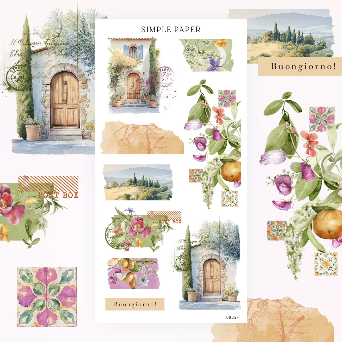 Tuscan doorway, cypress trees, hillside scenery, mosaic tiles and citrus florals, Sheet F