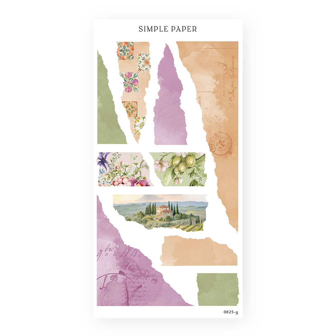 Letters From Tuscany – Torn paper strips with Tuscan tiles, vintage textures, and countryside details