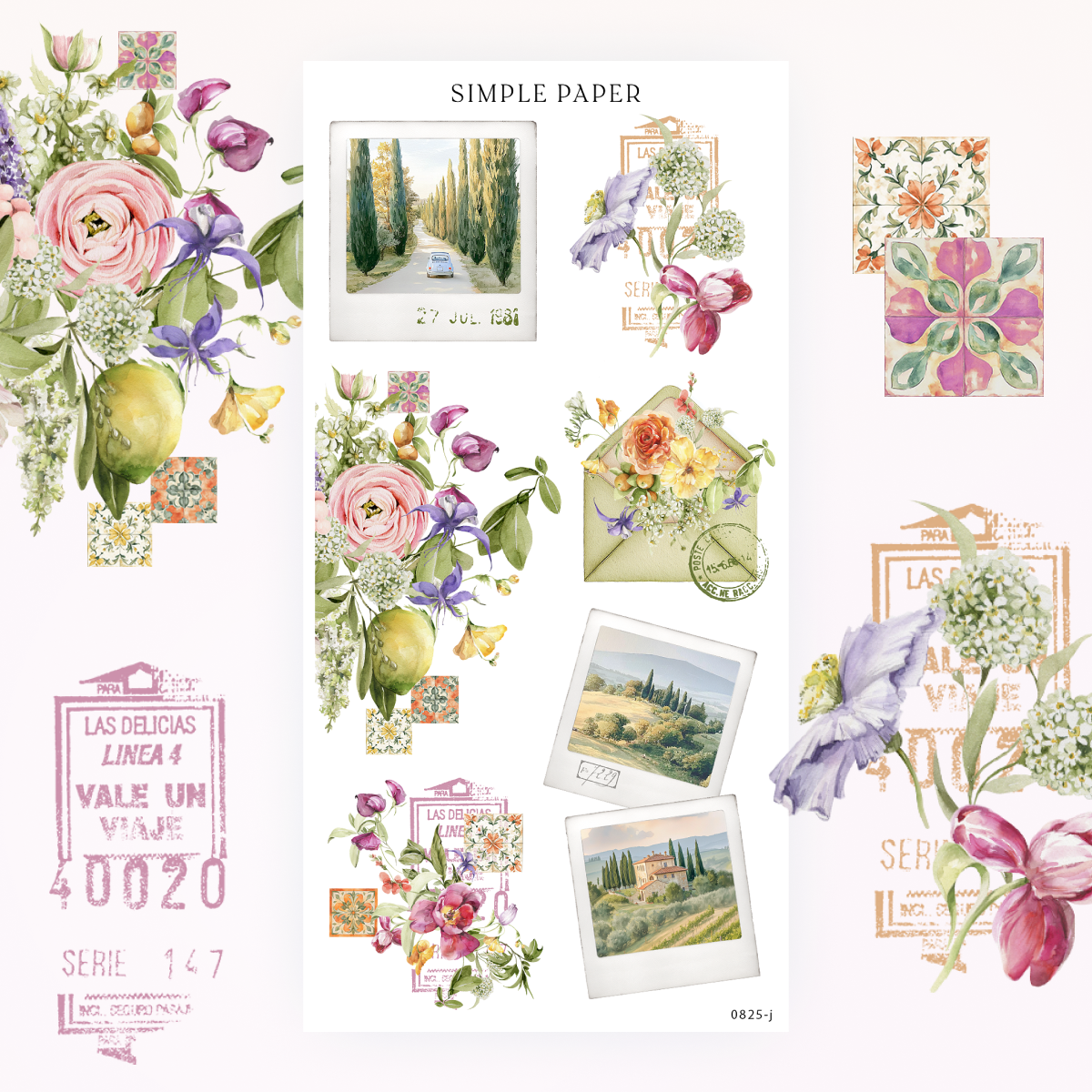 Snapshot frames, ranunculus and bellflower bouquets, a floral envelope and mosaic tiles, Sheet J