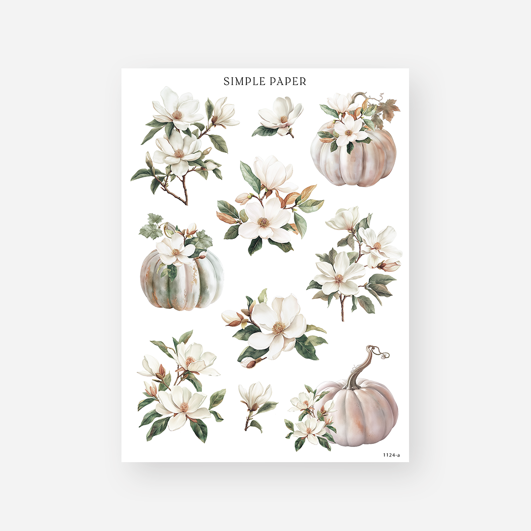 A sheet of stickers featuring various designs including flowers and a pumpkin, labeled 'Simple Paper'.