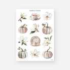 Sheet of decorative stickers with magnolia flowers, pumpkins, and tea sets on a white background