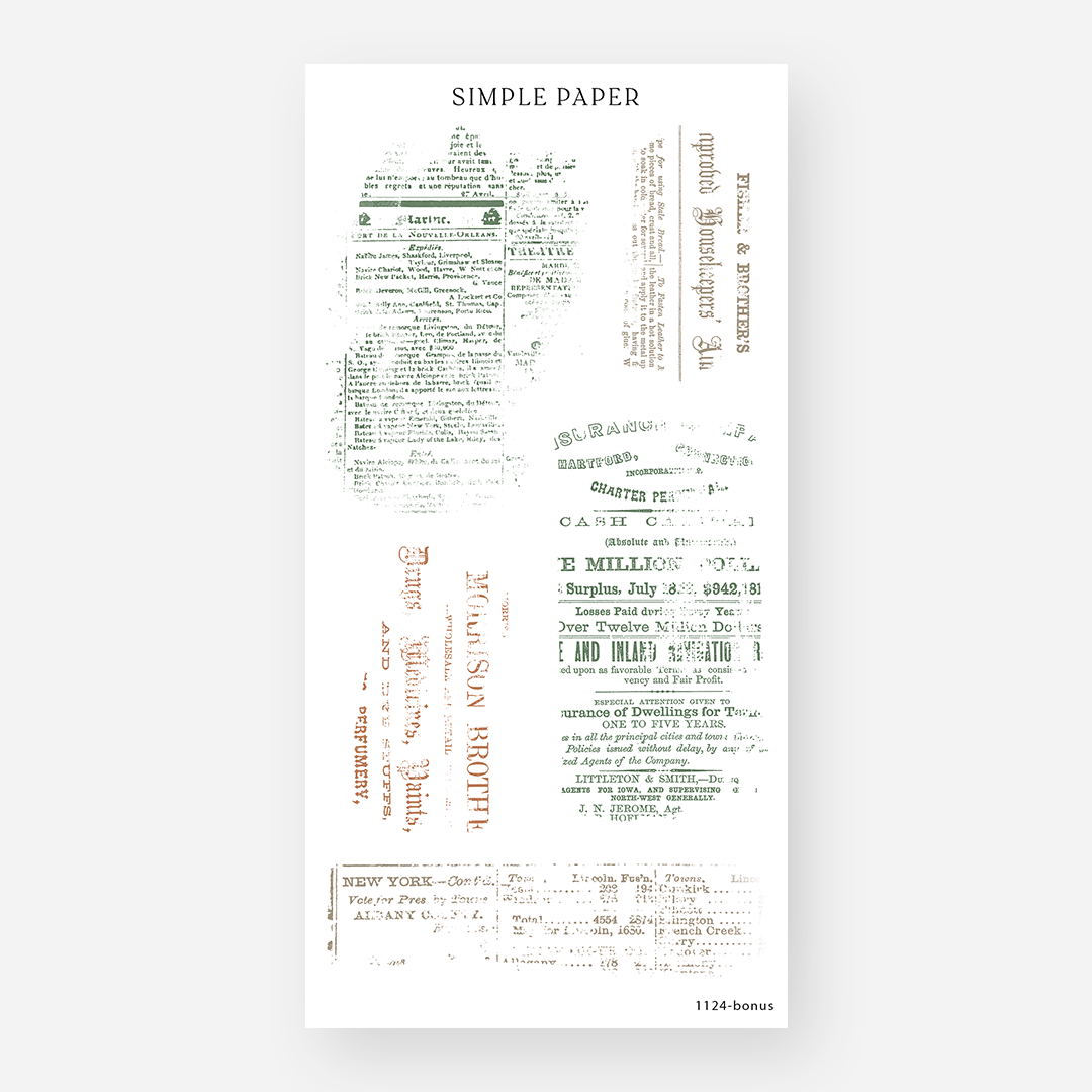 Sheet of decorative stickers with vintage newspaper designs on a white background, featuring typography and print motifs