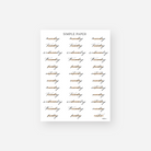 Sheet of journaling stickers with handwritten days of the week on a white background