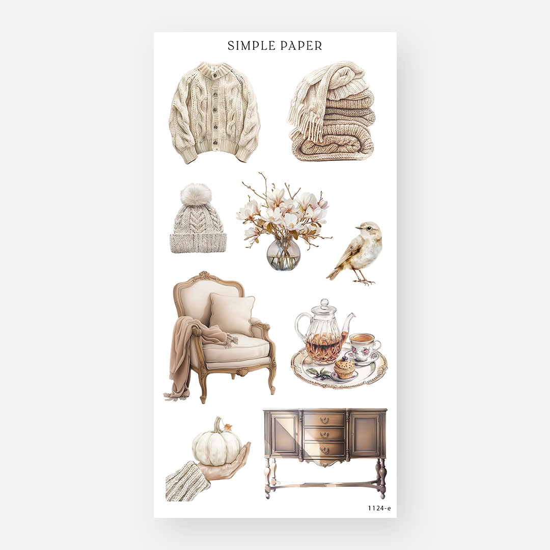 Sheet of decorative stickers with sweaters, blankets, tea sets, magnolia flowers, and vintage furniture on a white background