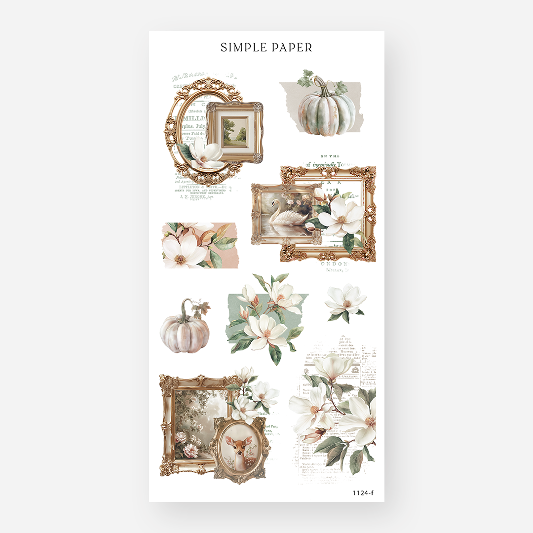 Gilt picture frame stickers with a swan, a fawn and magnolias over vintage print, November 2024 Sheet F