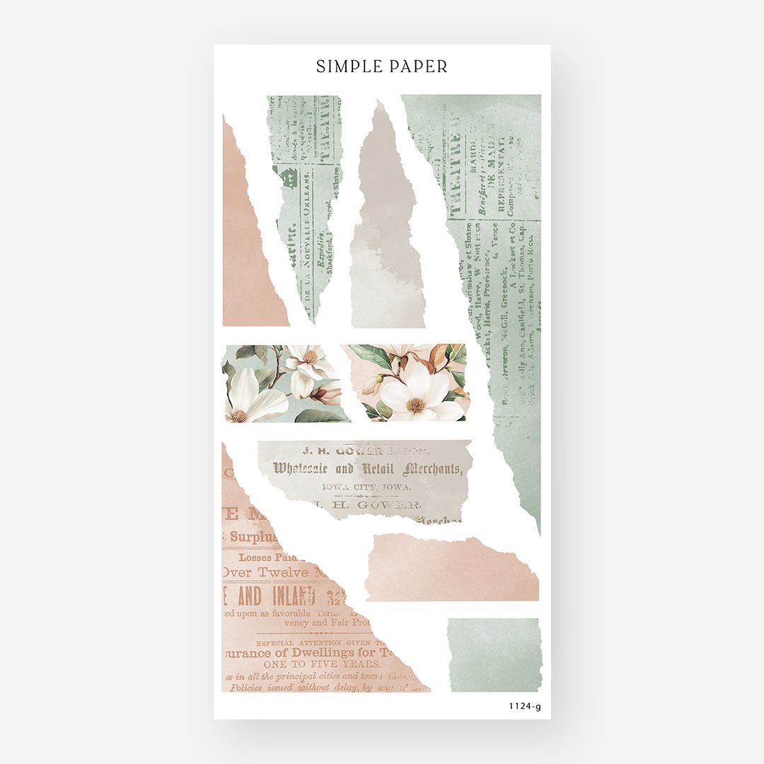 Sheet of decorative stickers with torn paper edges, vintage text, and magnolia motifs on a white background