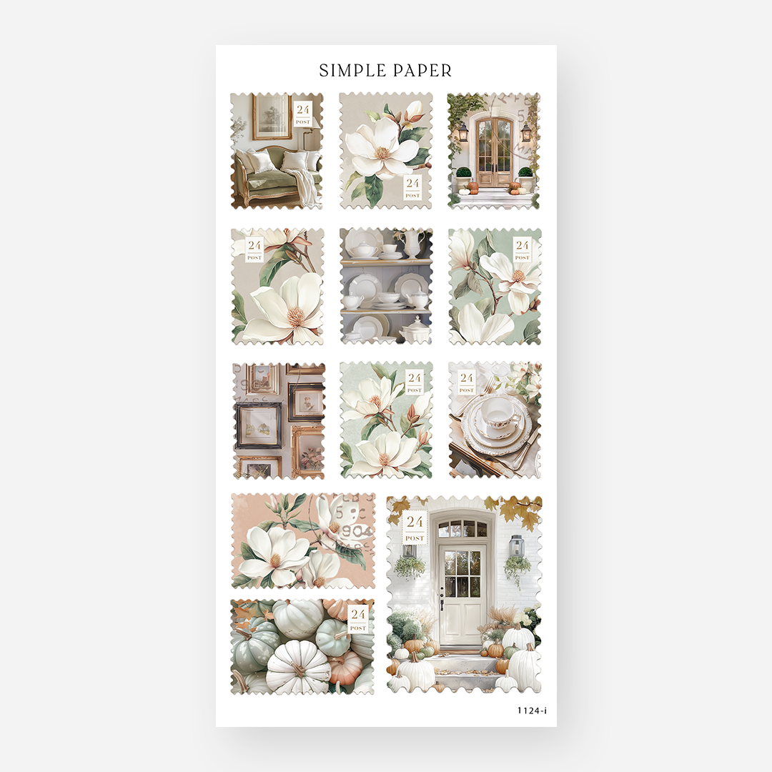 A sheet of stickers with a November 2024 decorative theme, featuring various designs including flowers, a vase, and room interiors.