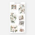 Sheet of decorative stickers with magnolia flowers, tea sets, and vintage Polaroid frames on a white background