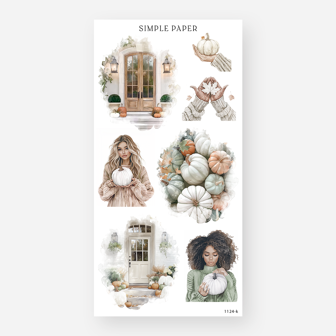 Autumn doorway stickers with pumpkins, cozy sweaters and hands holding a pumpkin, November 2024 Sheet K