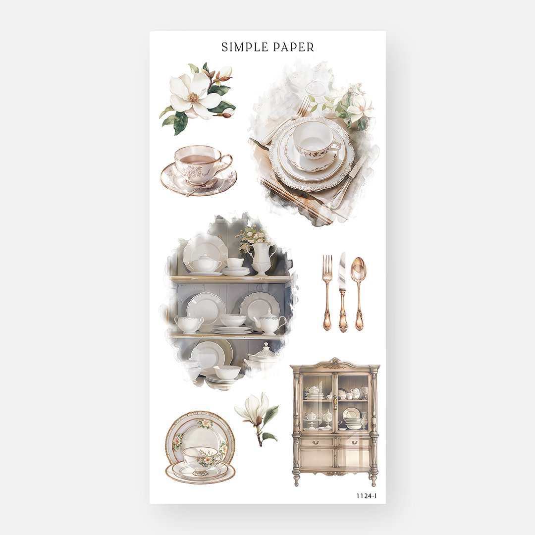 Sheet of decorative stickers with dishware, teacups, silverware, and magnolia flowers on a white background
