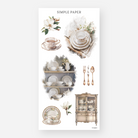 Sheet of decorative stickers with dishware, teacups, silverware, and magnolia flowers on a white background