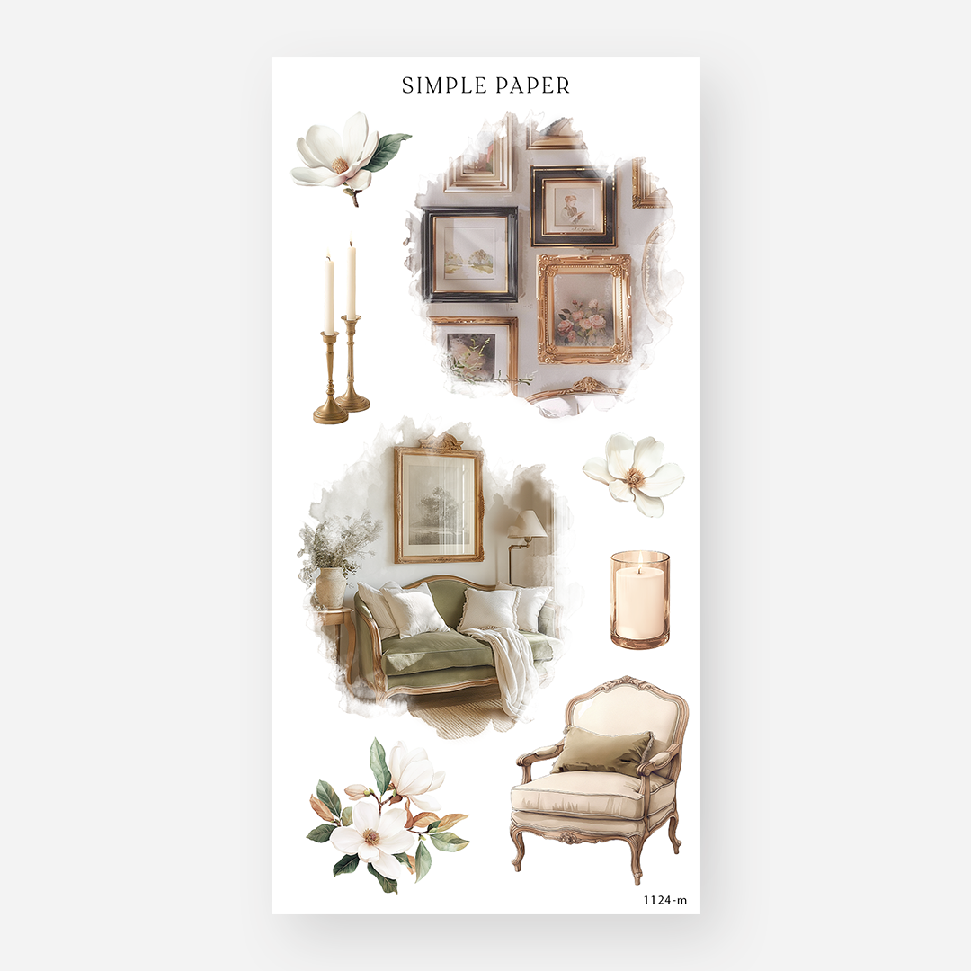 Cozy living room stickers with a gallery wall, sofa, armchair, candles and magnolias, November 2024 Sheet M