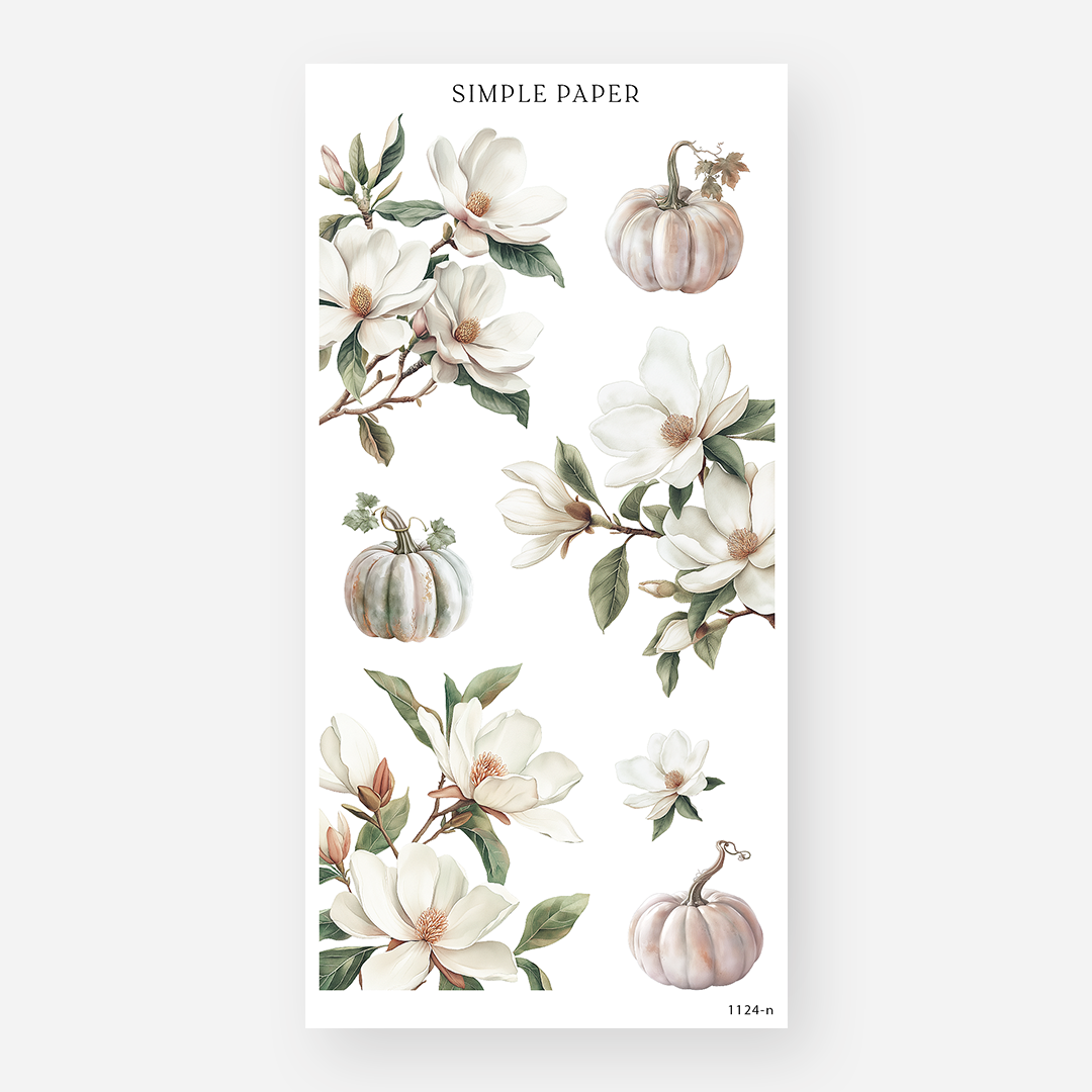 Magnolia branch and heirloom pumpkin stickers in ivory and sage, November 2024 Sheet N