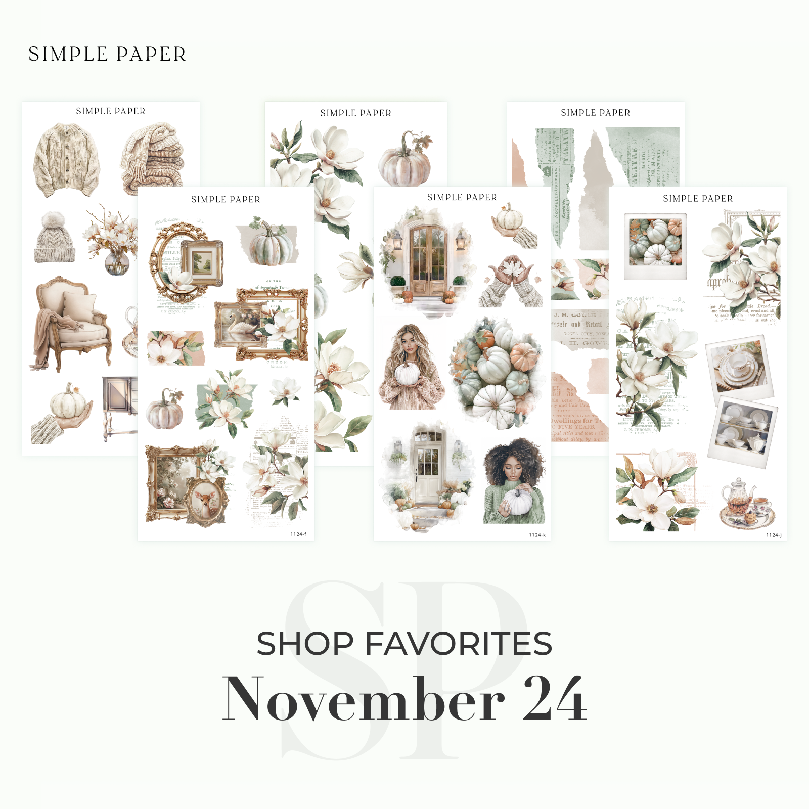 Shop Favorites bundle from the November 2024 kit with magnolias, pumpkins, gilt frames and cozy knits