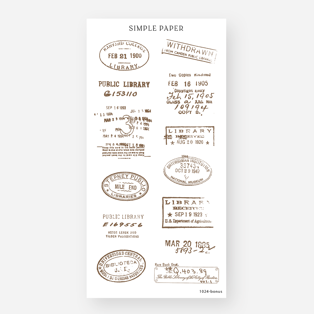 Sheet of decorative stickers featuring vintage library and archival stamps on a white background, perfect for layering in spreads