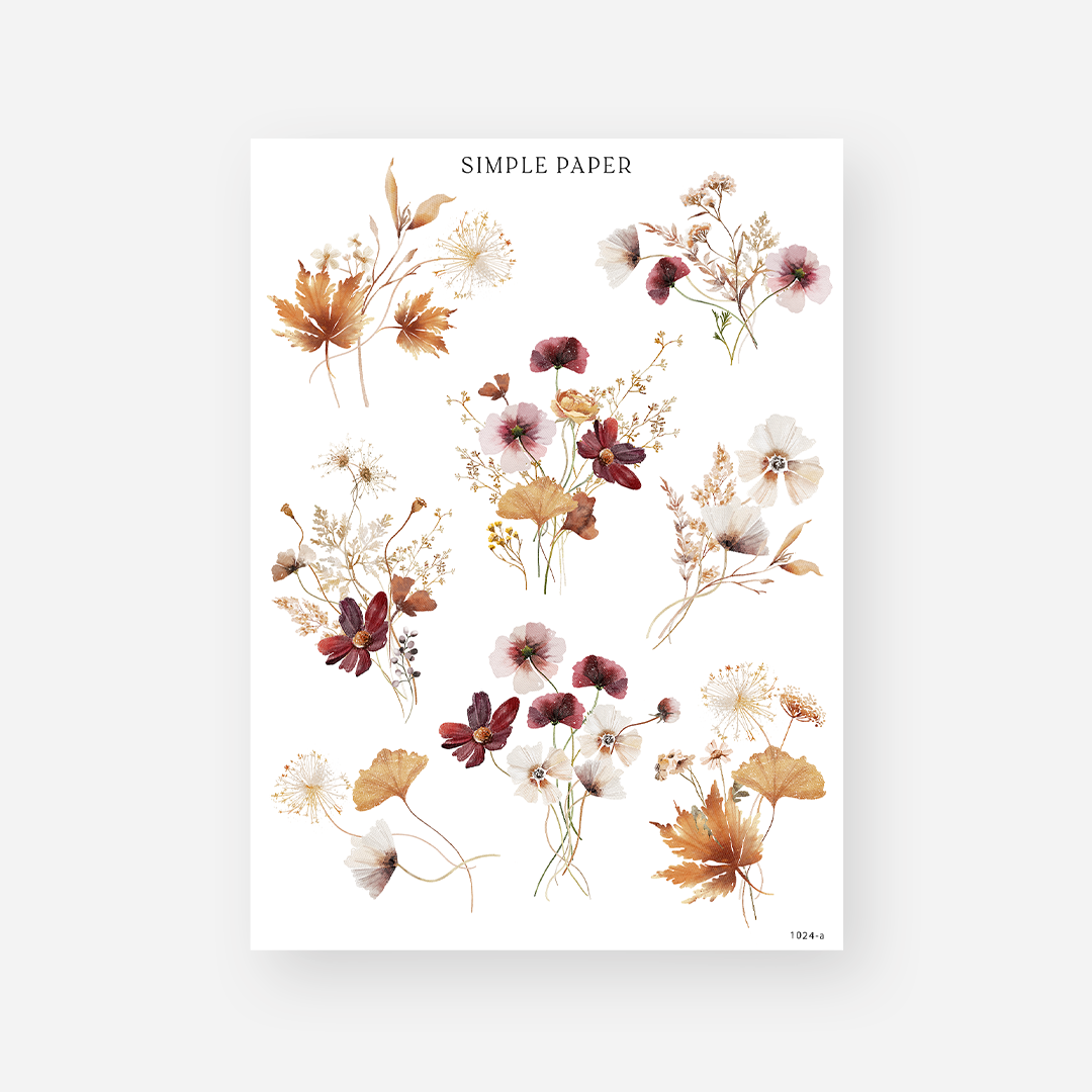 Pressed autumn floral bouquet stickers with maple leaves and burgundy blooms, October 2024 Sheet A