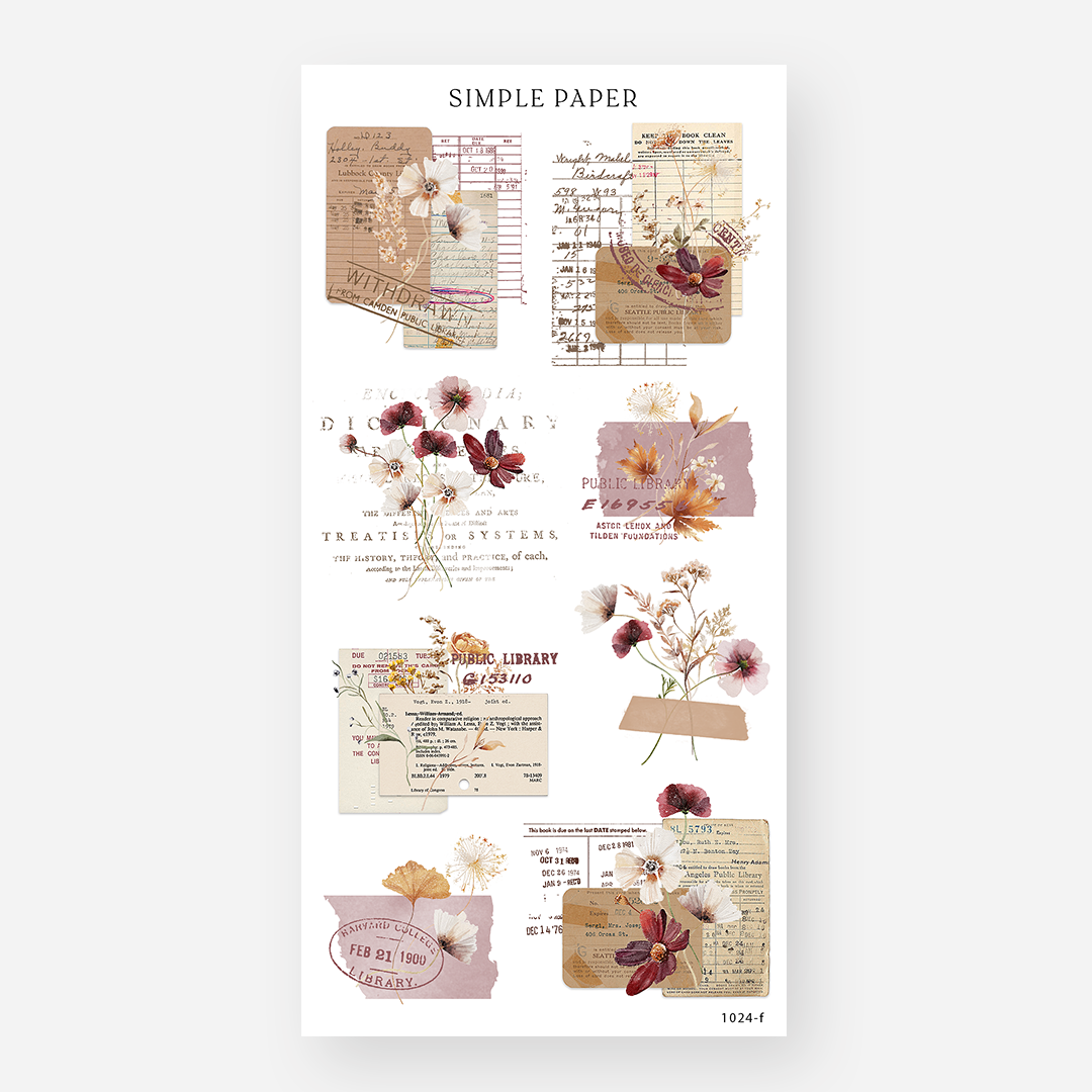 Sheet of journaling stickers with vintage ephemera designs on a white background, featuring library cards, flowers, and handwritten notes