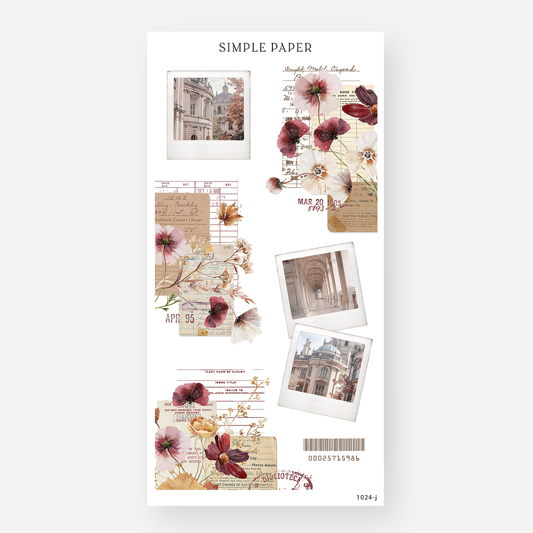 A sheet of decorative stickers with various designs including floral patterns and autumn-themed images, labeled 'Simple Paper' and dated 'October- Sheet J'.