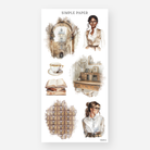 Sheet of decorative stickers with scholarly figures, books, a vintage desk, card catalog, and cozy library details on a white background