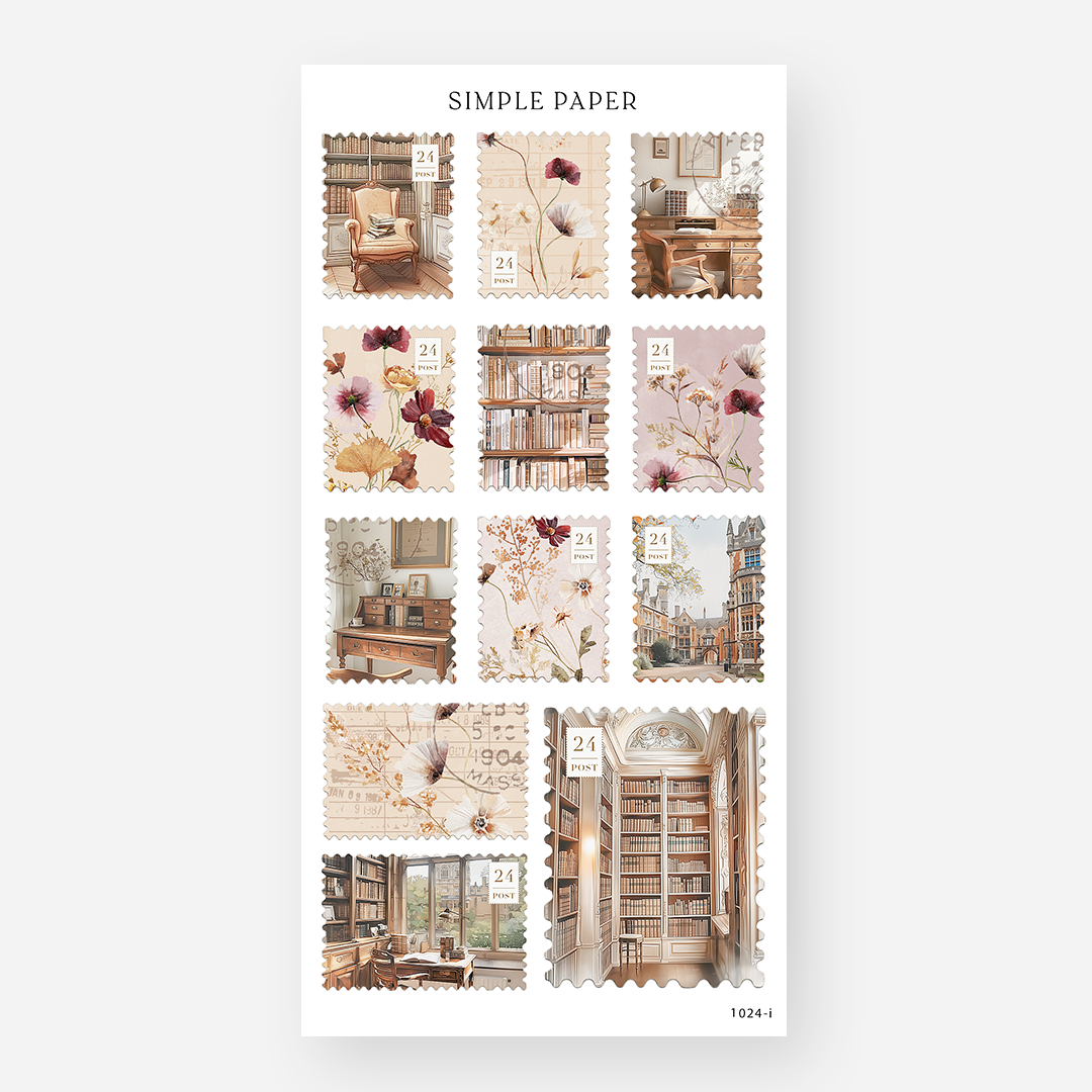 Decorative journaling stickers with stamp frames, autumn florals, and scholarly library imagery for creative spreads