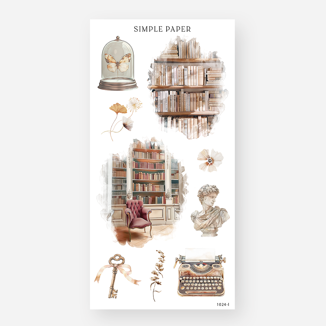 Sheet of journaling stickers with vintage study designs on a white background, featuring bookshelves, a typewriter, and florals