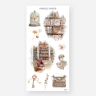 Sheet of journaling stickers with vintage study designs on a white background, featuring bookshelves, a typewriter, and florals