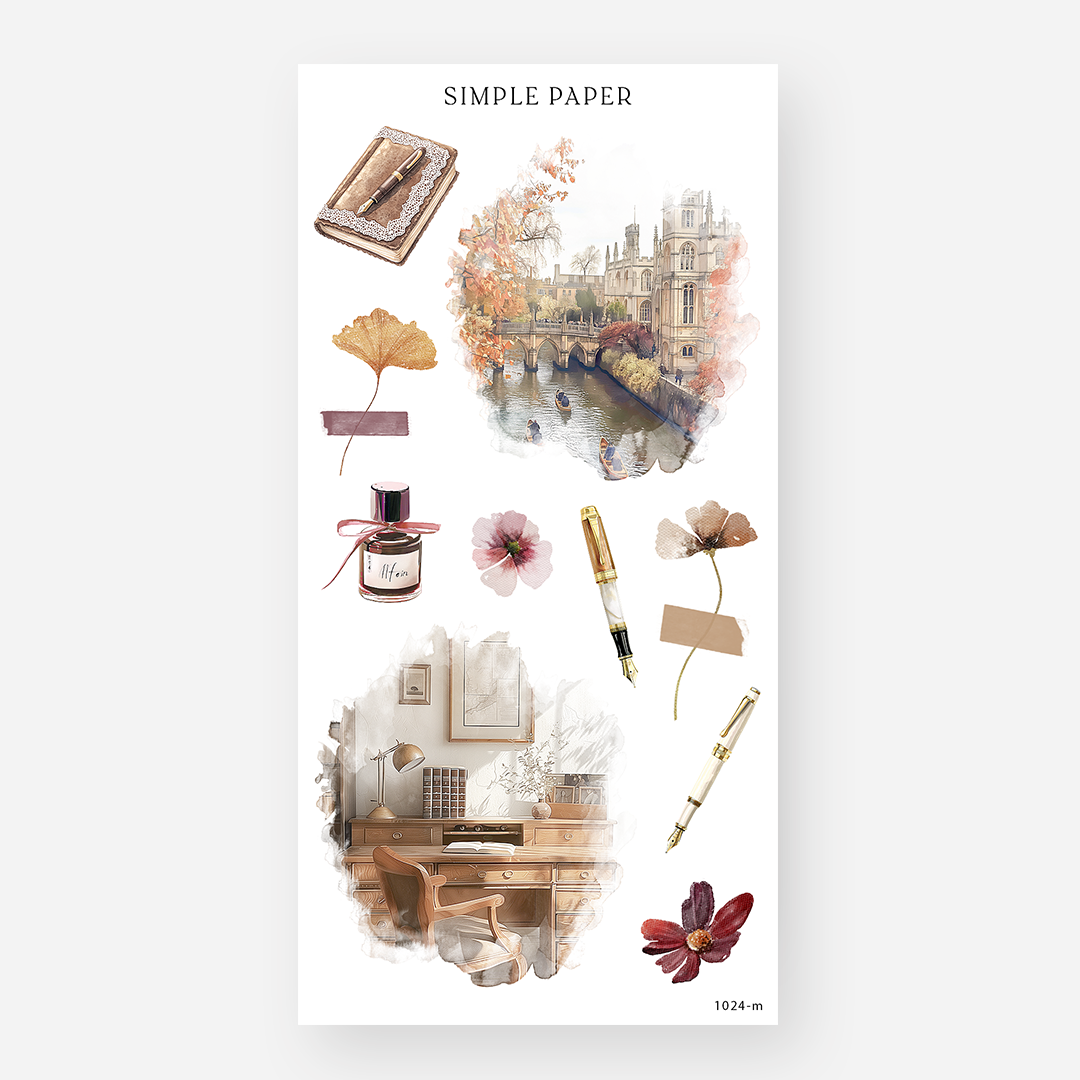 A sheet of decorative stickers with various designs including a book, a pen, and autumn-themed elements, labeled 'Simple Paper' and dated '2024'.