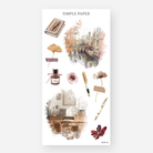 A sheet of decorative stickers with various designs including a book, a pen, and autumn-themed elements, labeled 'Simple Paper' and dated '2024'.