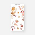 Sheet of decorative stickers with watercolor autumn leaves on a white background, featuring warm orange, red, and golden tones