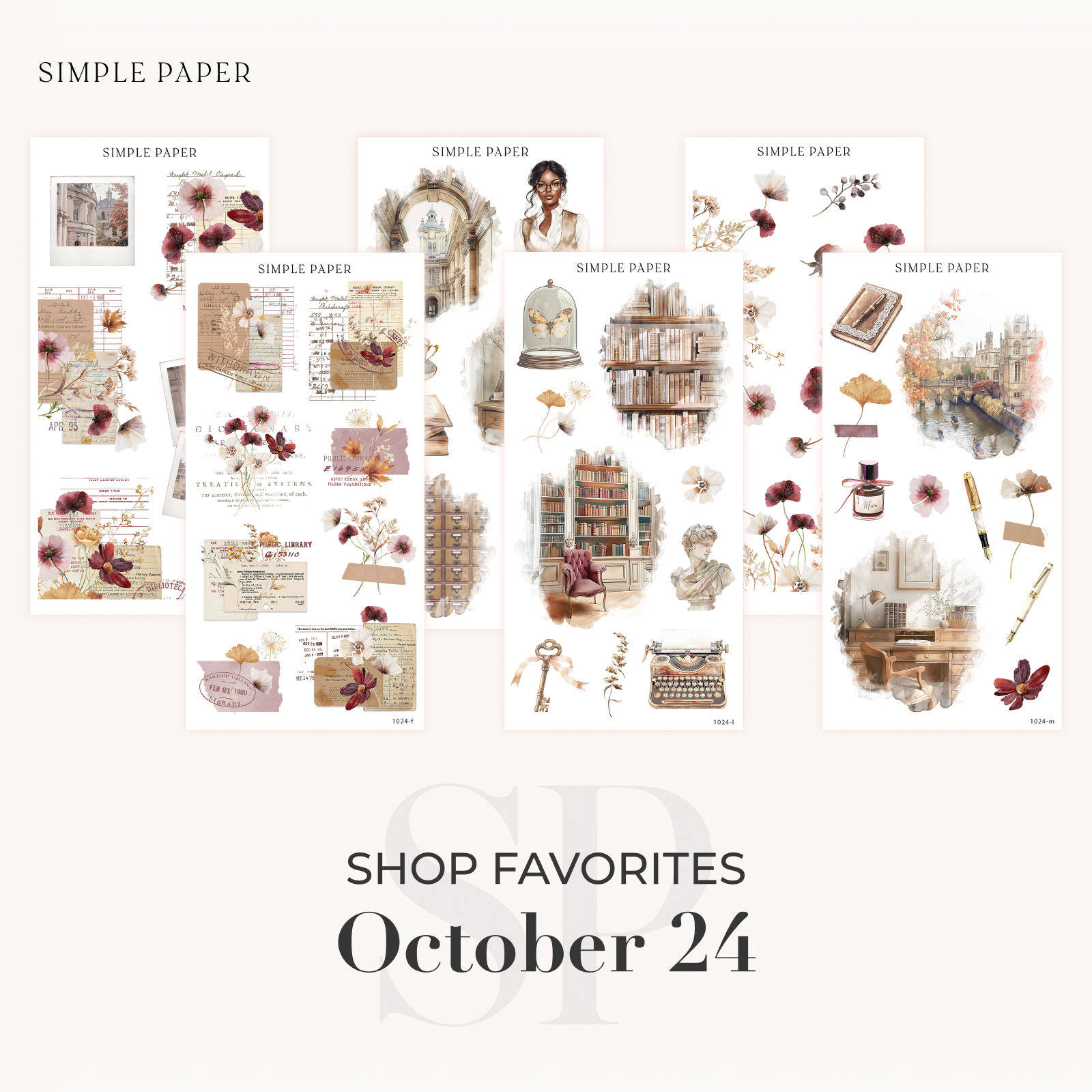 Sheet of decorative stickers with October designs on a white background, featuring books, florals, and vintage details