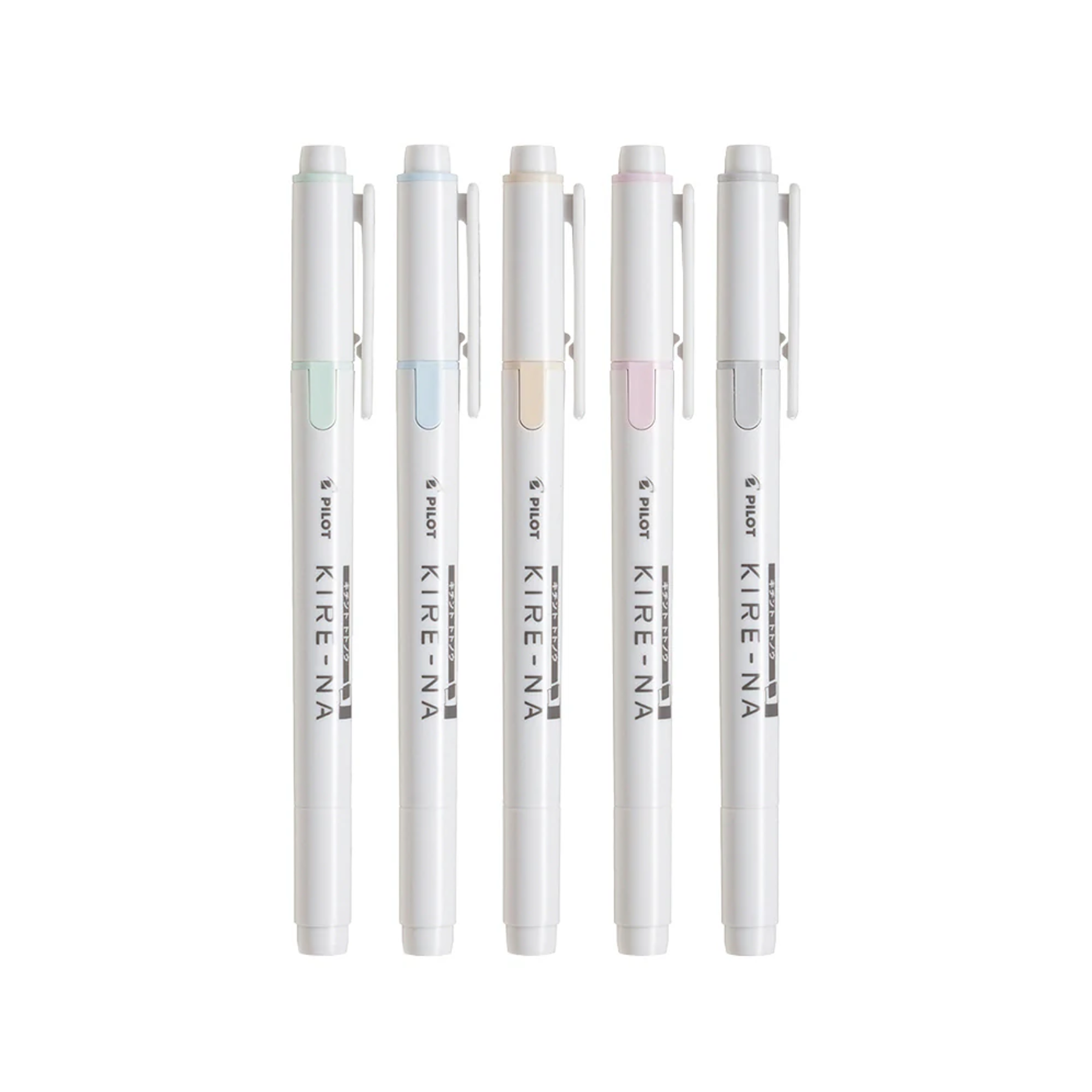 Set of five Pilot Kire-Na double-sided highlighters in pale pastel colors arranged vertically on a white background.