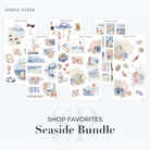 Seaside sticker bundle showcase with coral, boats, stamps, lighthouses, and beach ephemera—includes six curated sheets from the July 2025 kit