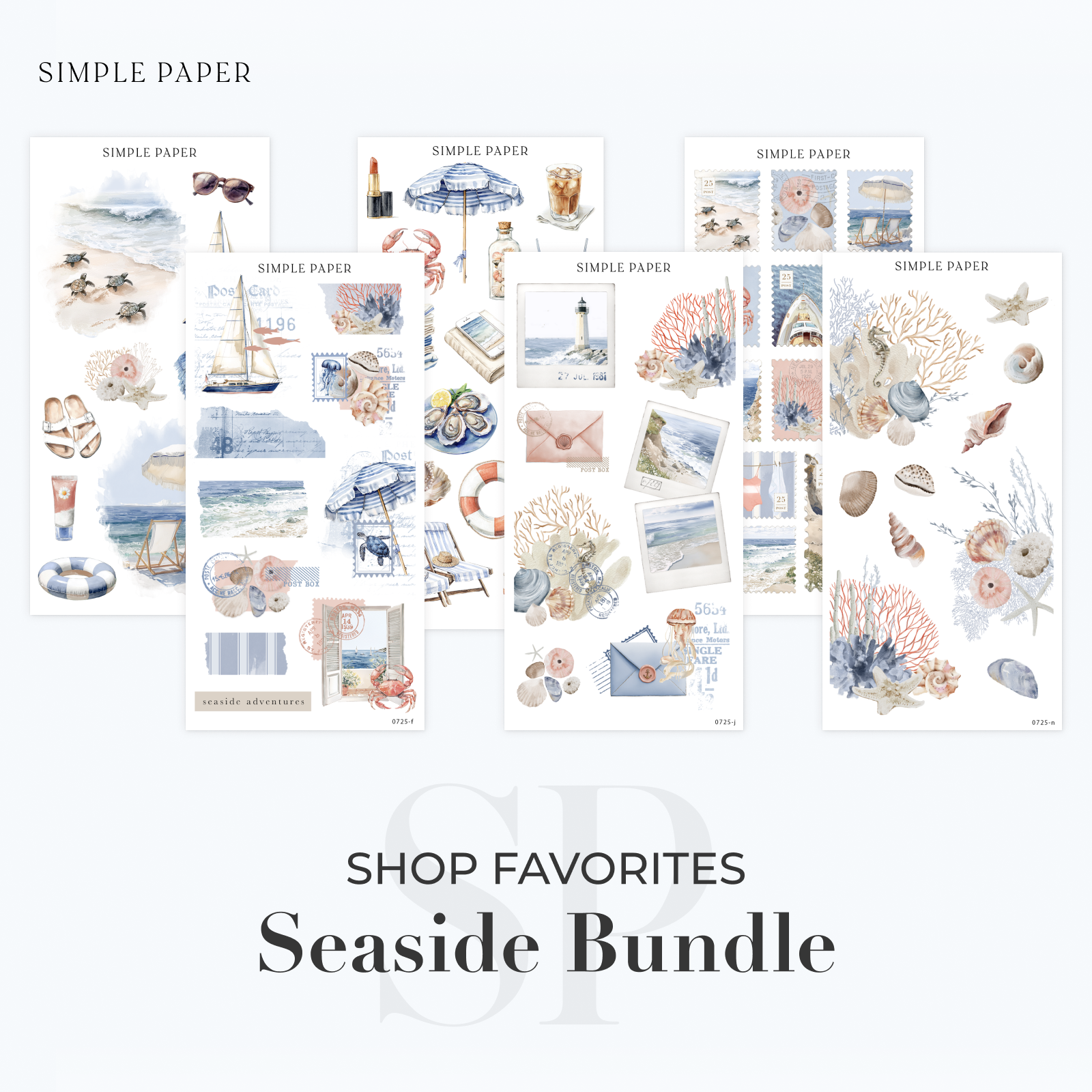 Seaside sticker bundle showcase with coral, boats, stamps, lighthouses, and beach ephemera—includes six curated sheets from the July 2025 kit