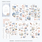 Seaside sticker kit overview — full set of journaling sheets with ocean-inspired themes, coral elements, beach scenes, and elegant summer palettes
